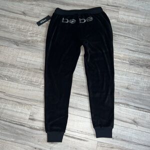 Bebe jogger sweatpant rhinestone Swarovski crystal logo on bum black velvet y2k